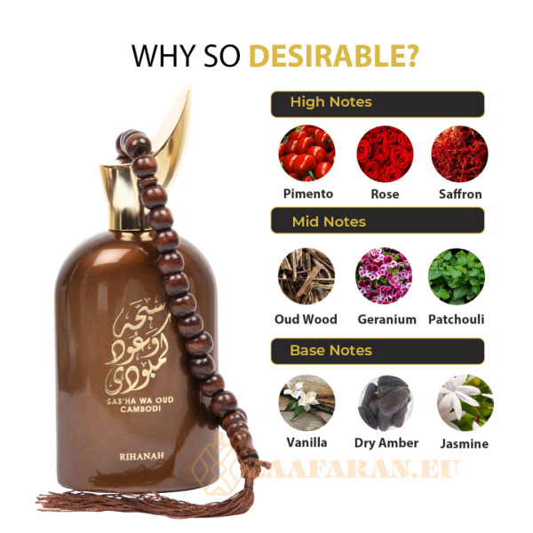 (plu05415) - Eau de Parfum Sab'ha Wa Oud Cambodi, Rihanah, Men - 100ml - Image 3