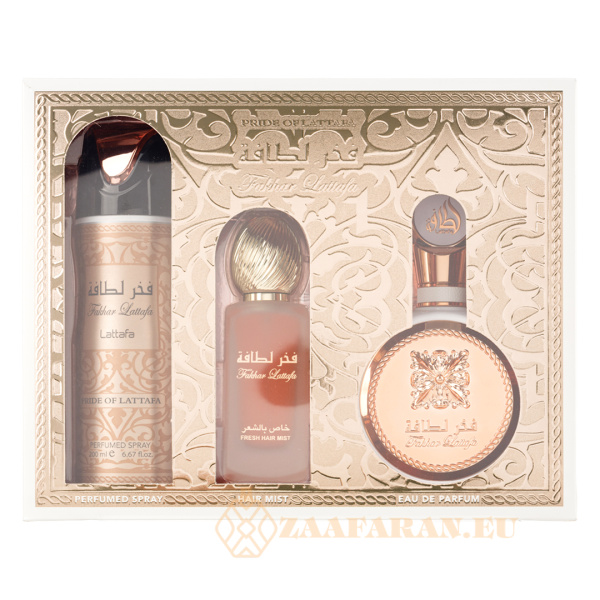 (plu01705) - Set Cadou Fakhar Woman Apa de Parfum 100ml + Parfum pentru par 50ml + Deo Spray 200ml, Lattafa - Image 2
