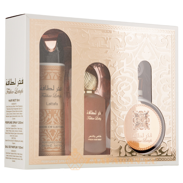 (plu01705) - Set Cadou Fakhar Woman Apa de Parfum 100ml + Parfum pentru par 50ml + Deo Spray 200ml, Lattafa - Image 3